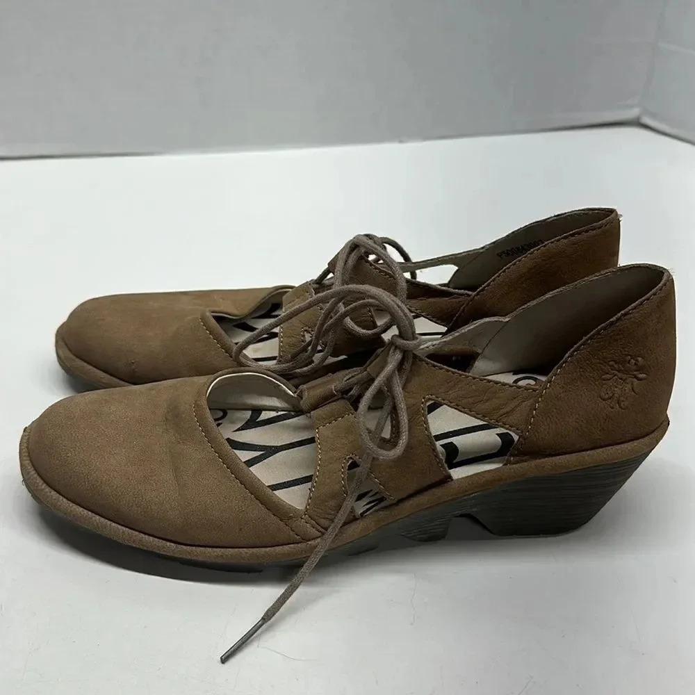 Fly London Phis Mary Jane Wedges Low Heel Suede Lace Up Shoes Tan Brown Size 8